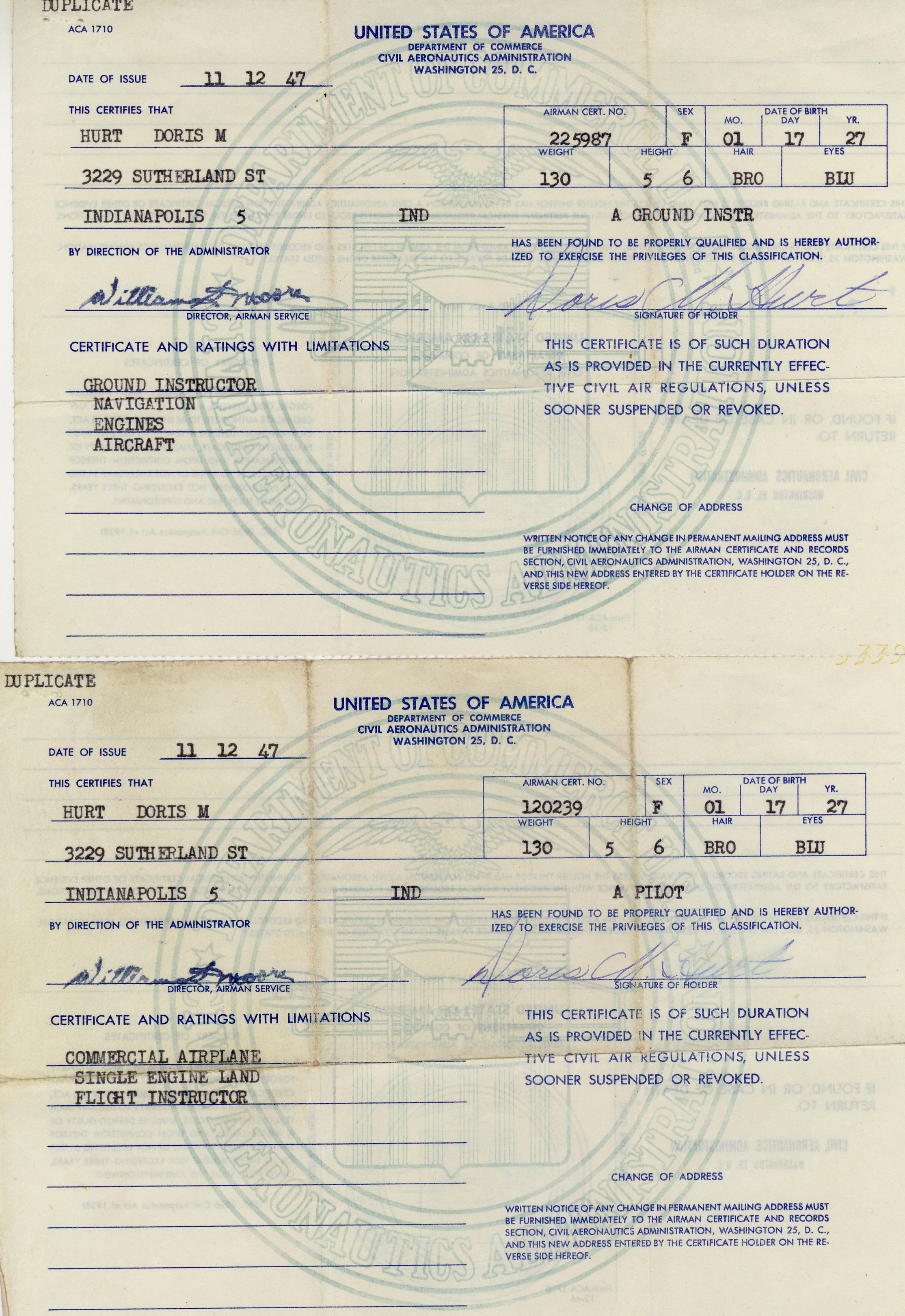 1947, Doris Hurt, age 20, licensed as a ground instructor and a commercial flight instructor